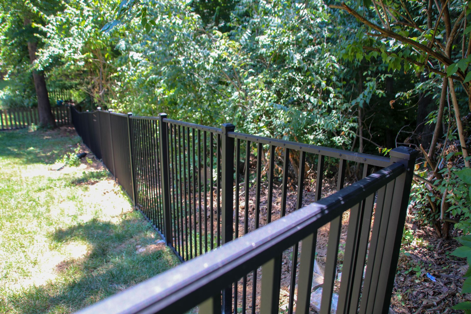 Black metal fence bordering a yard with green grass and trees in background.