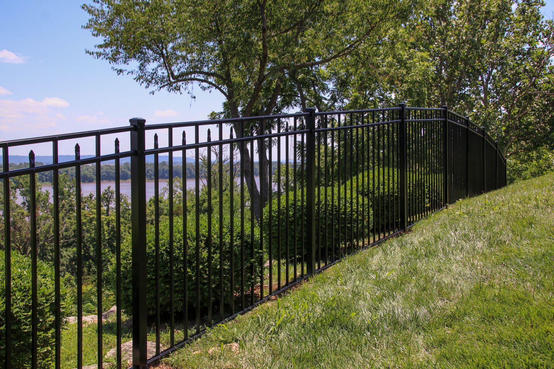 Black metal fence on a grassy hill overlooking a body of water and trees on a sunny day.