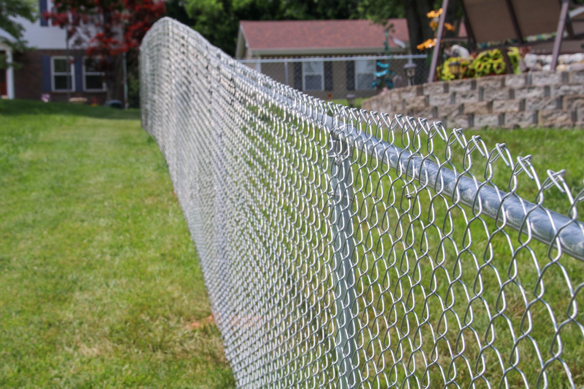 Chain-link fence in a grassy yard, separating properties. A house is visible in the background.