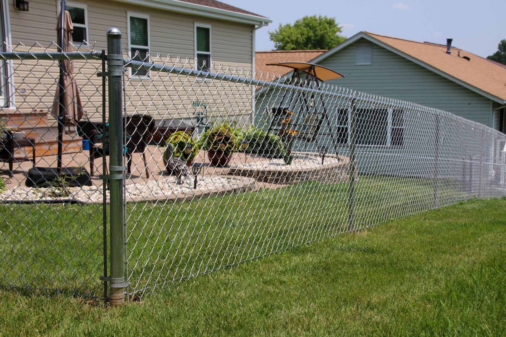 Chain-link fence in a grassy yard, with a house in the background.