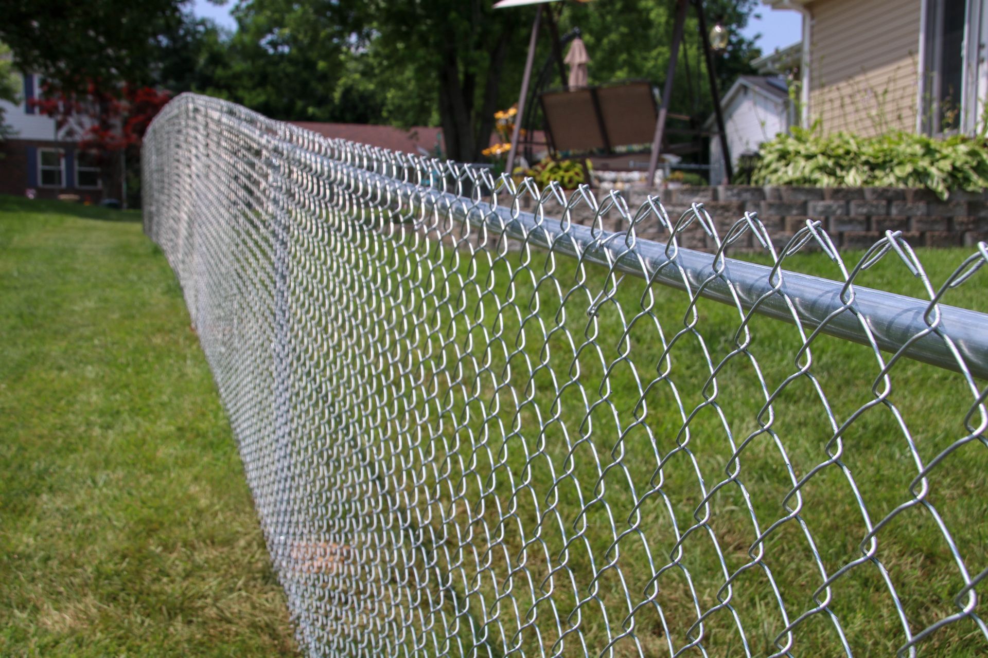 Chain link fence in a grassy yard, partially obscuring a house and trees on a sunny day.