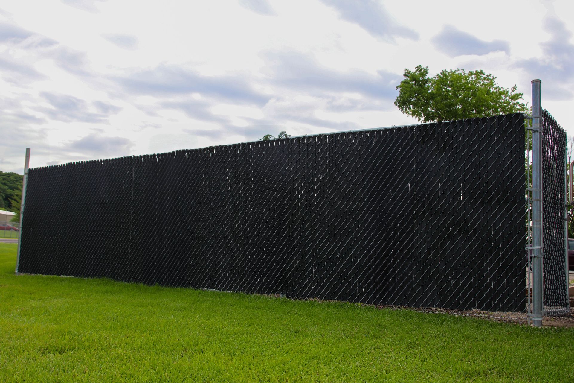 Black chain-link fence on green grass against a cloudy sky.