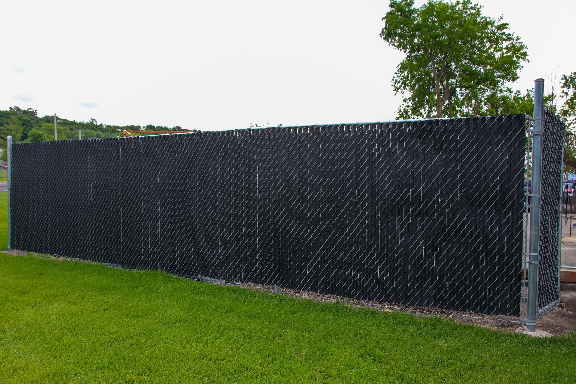 Black privacy slats woven into chain-link fence on green grass.
