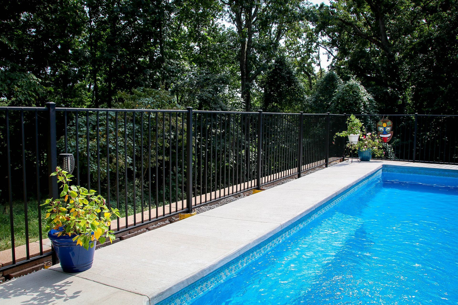 Black metal fence surrounds a pool with blue water. Trees in background, potted plants along deck.