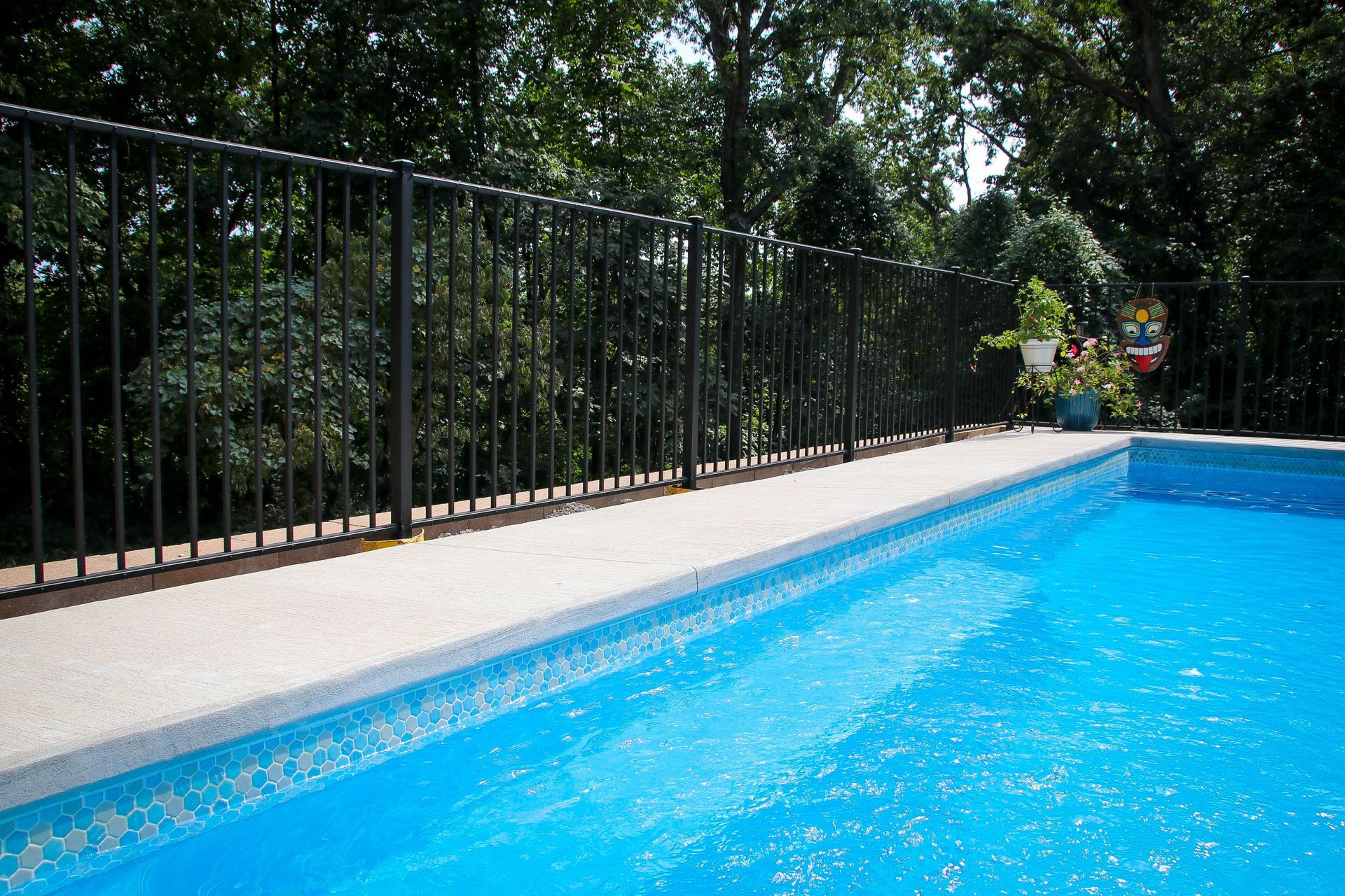 Pool with blue water and a black metal fence, surrounded by green trees.