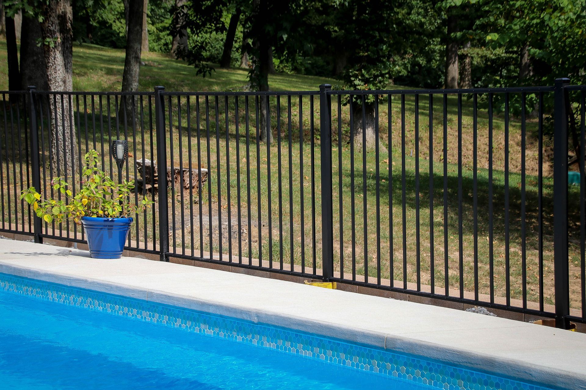 Black metal fence surrounding a blue swimming pool, with trees and grass in the background.