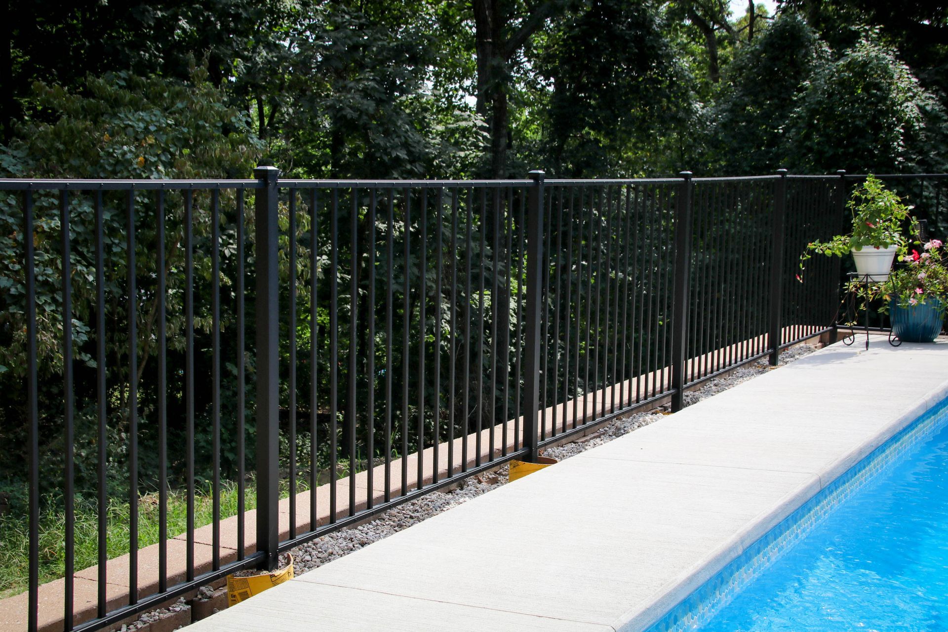 Black metal fence along a pool, with trees in the background.