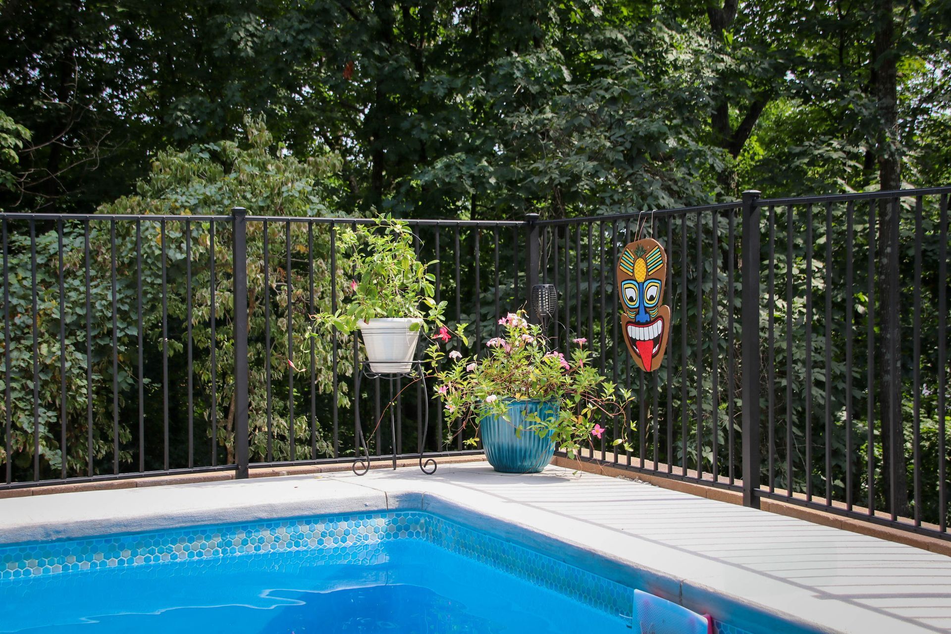 A backyard pool with a black fence, potted plants, and a tiki mask decoration; surrounded by trees.
