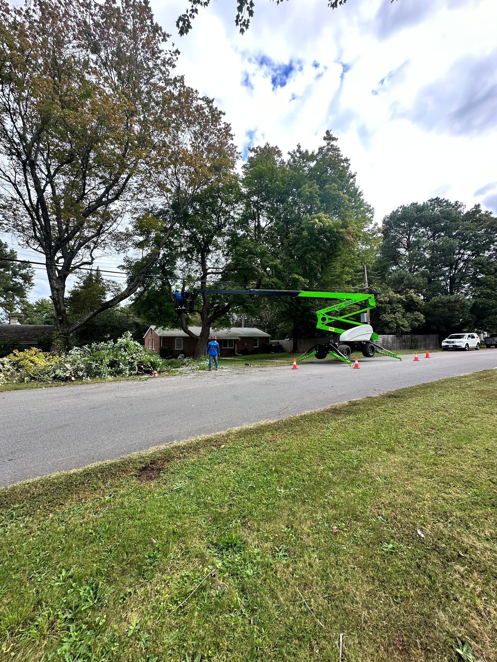 Tree removal: A tree service truck with a worker in the lift is trimming a tree near a house on a road.