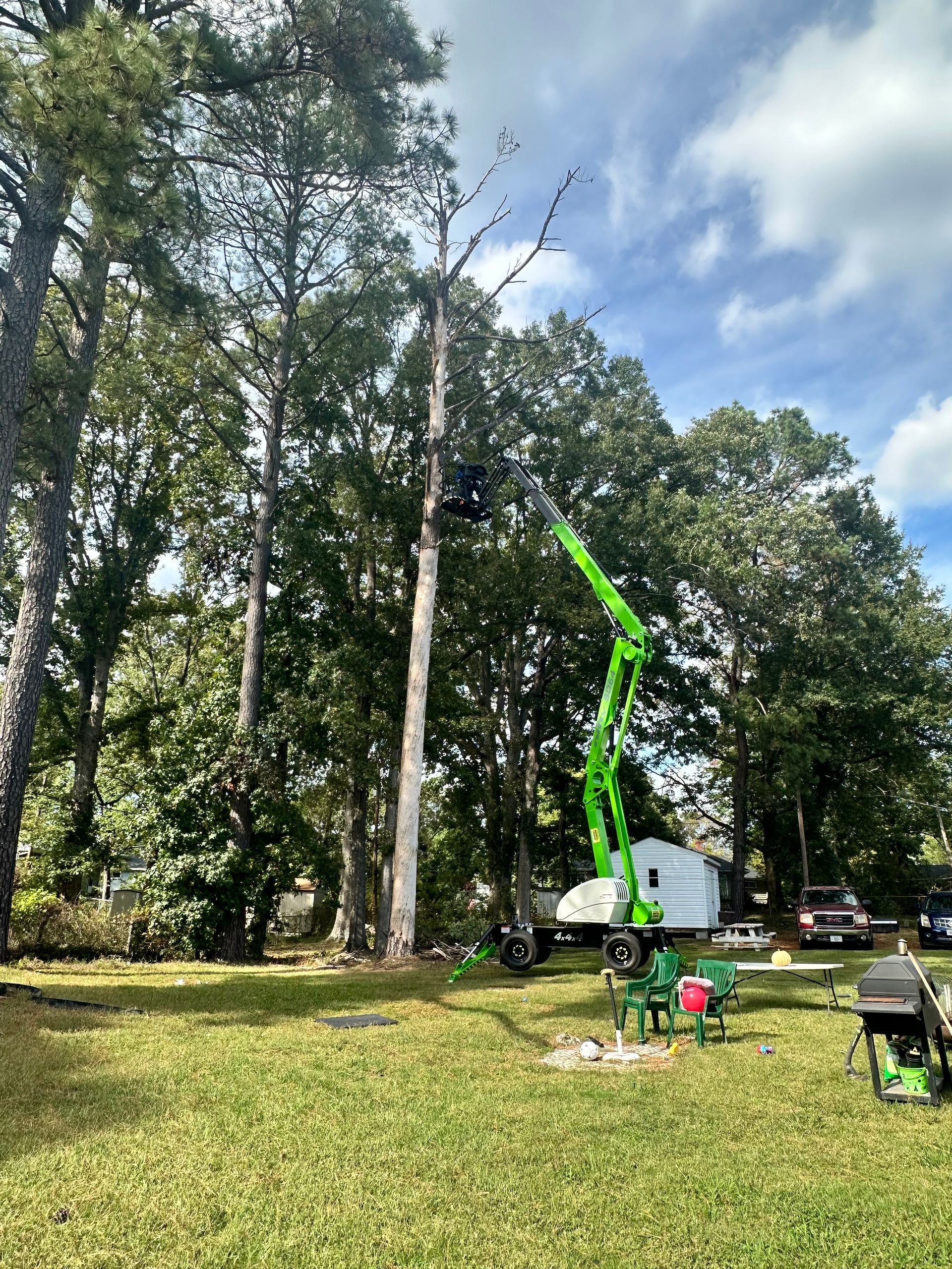 A tree being trimmed by a green lift in a yard on a cloudy day.