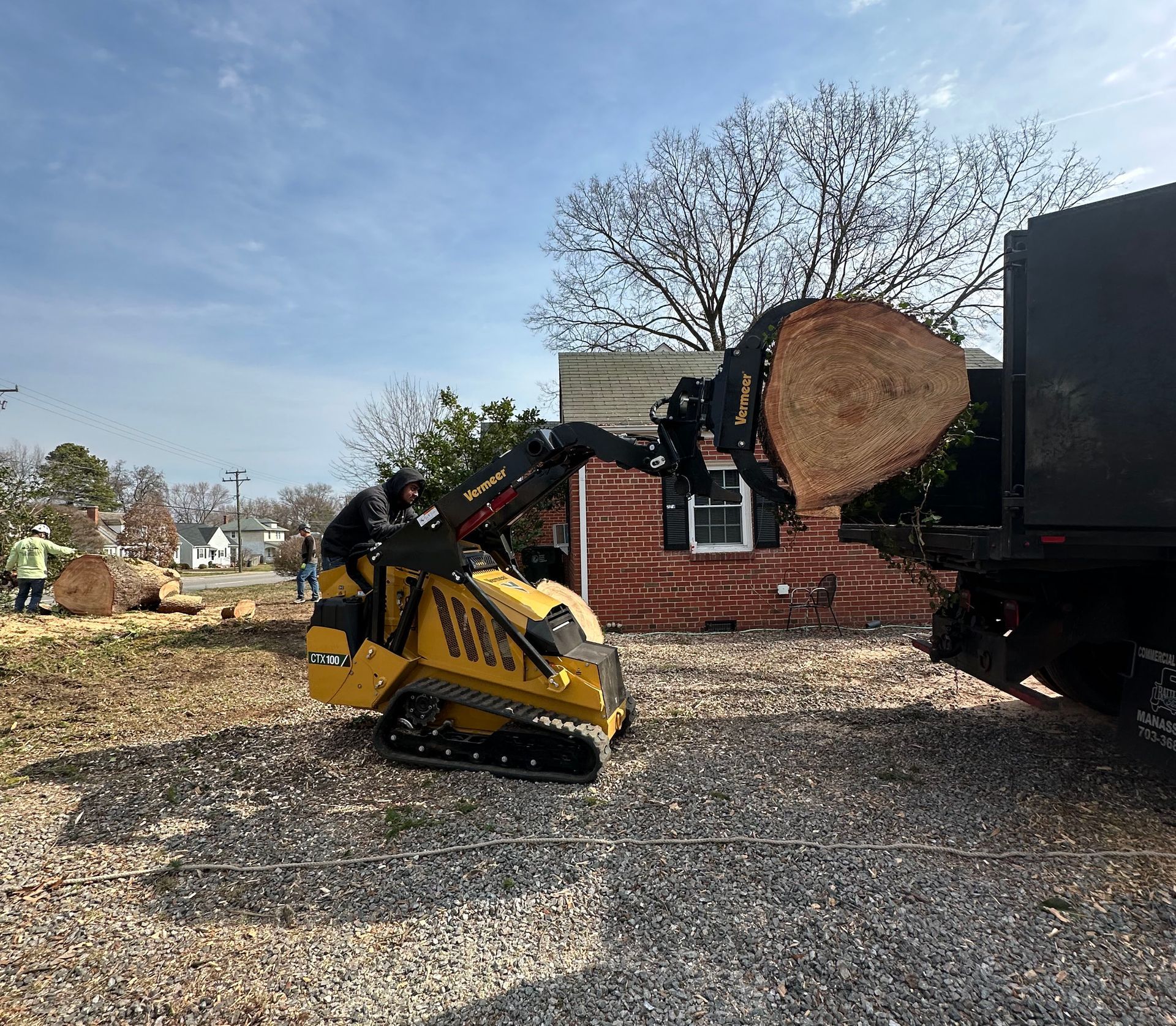 Yellow mini-excavator loading a large tree trunk into a black dump truck in a yard; a worker observes.