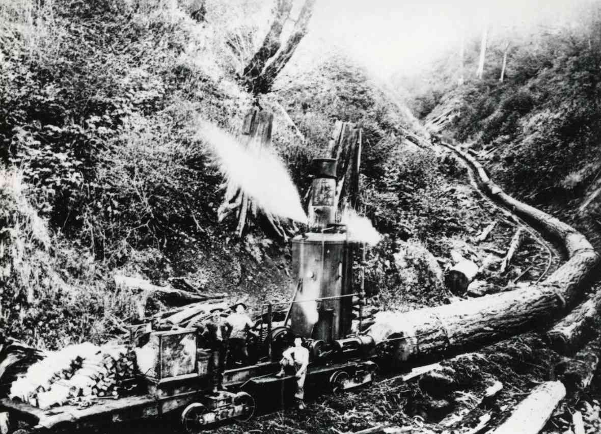Steam train on a curved mountain track in a wooded valley, with smoke rising from the engine.