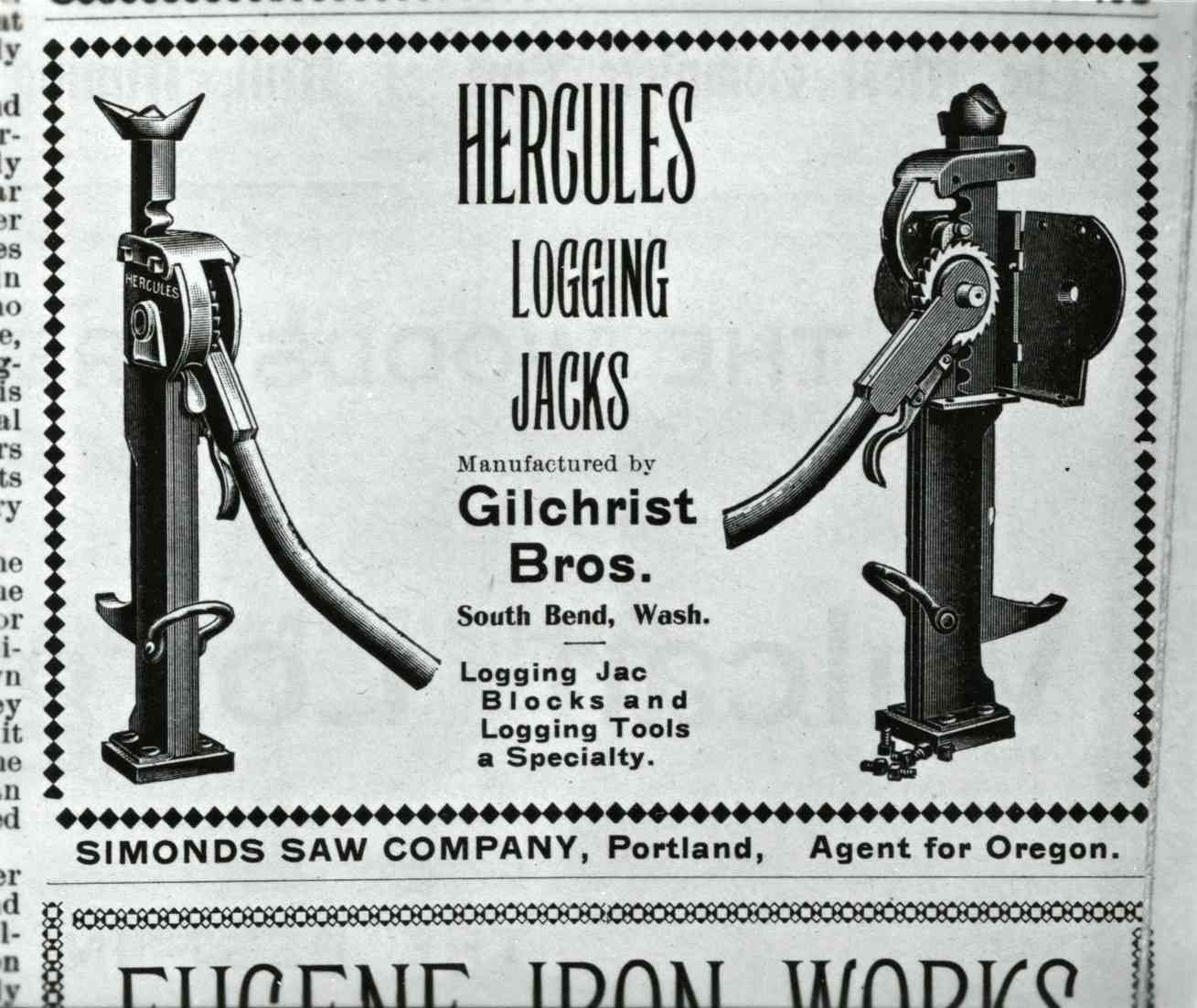 Vintage black-and-white ad for Hercules logging jacks, featuring two jack illustrations and company text.