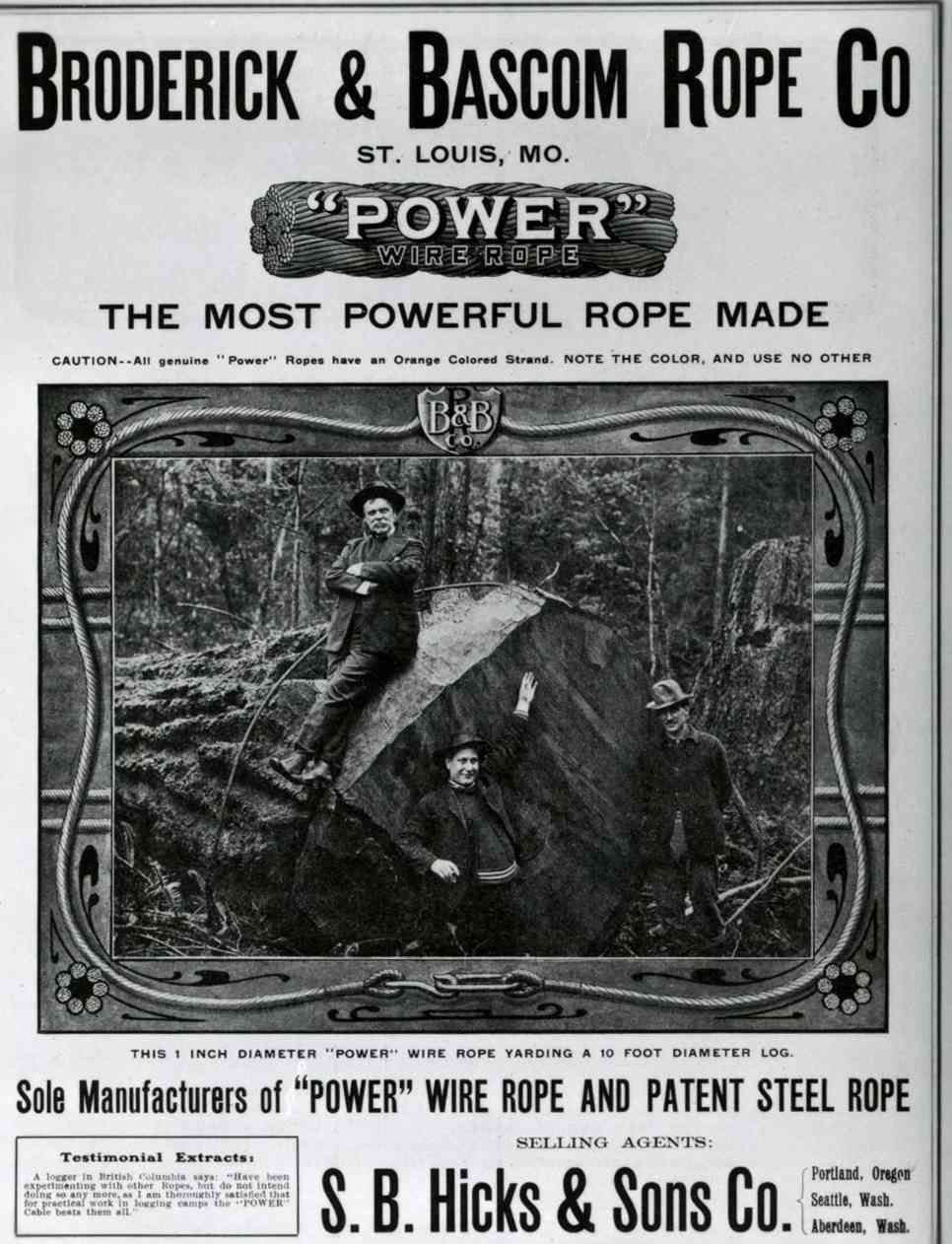 Vintage black-and-white ad for Broderick & Bascom rope, showing men hauling rope in a forest.