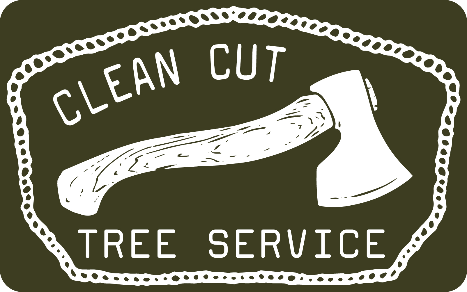 Clean Cut Tree Service logo with an axe and tree branch on a dark background