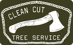 Clean Cut Tree Service logo with an axe and tree branch on a dark background