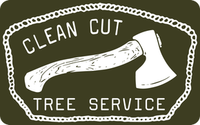 Clean Cut Tree Service logo with an axe and tree branch on a dark background