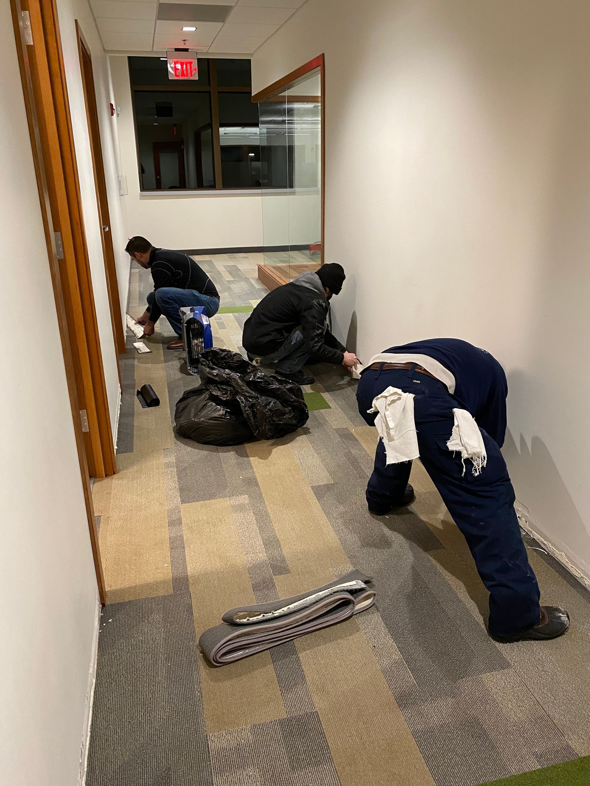 A group of people are working on a carpeted hallway.