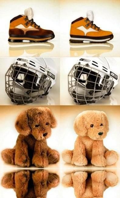 A collage of stuffed animals and a hockey helmet