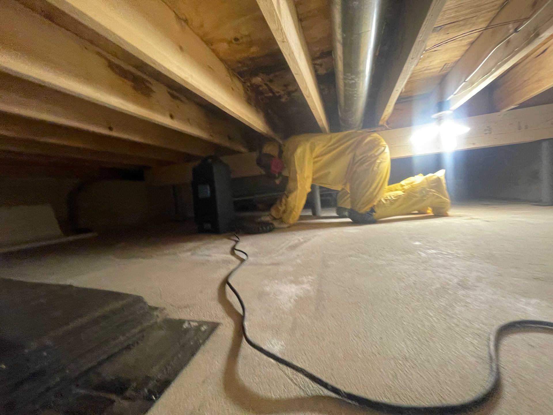 A man in a yellow suit is crawling under a house.