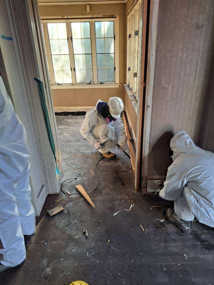 A group of people in protective suits are working in a room.