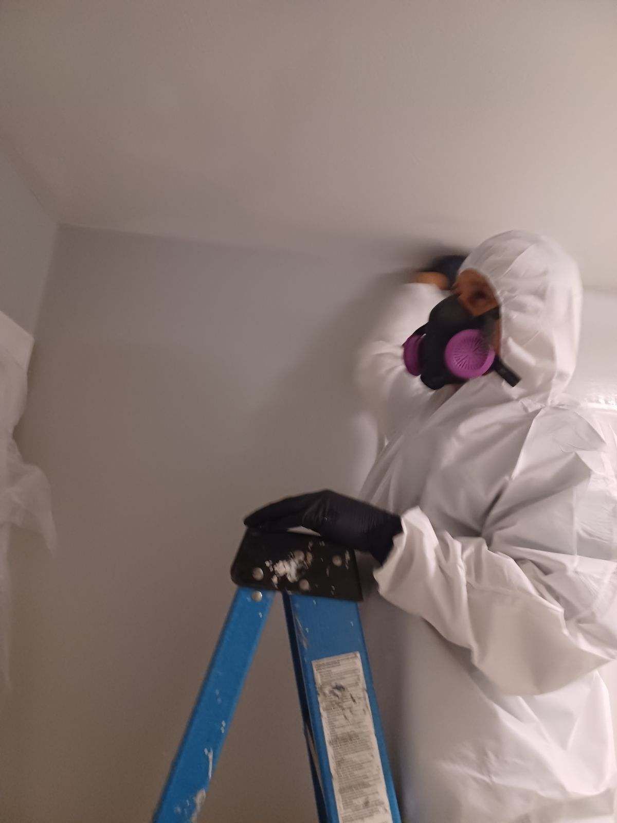 A person wearing a gas mask is standing on a ladder.