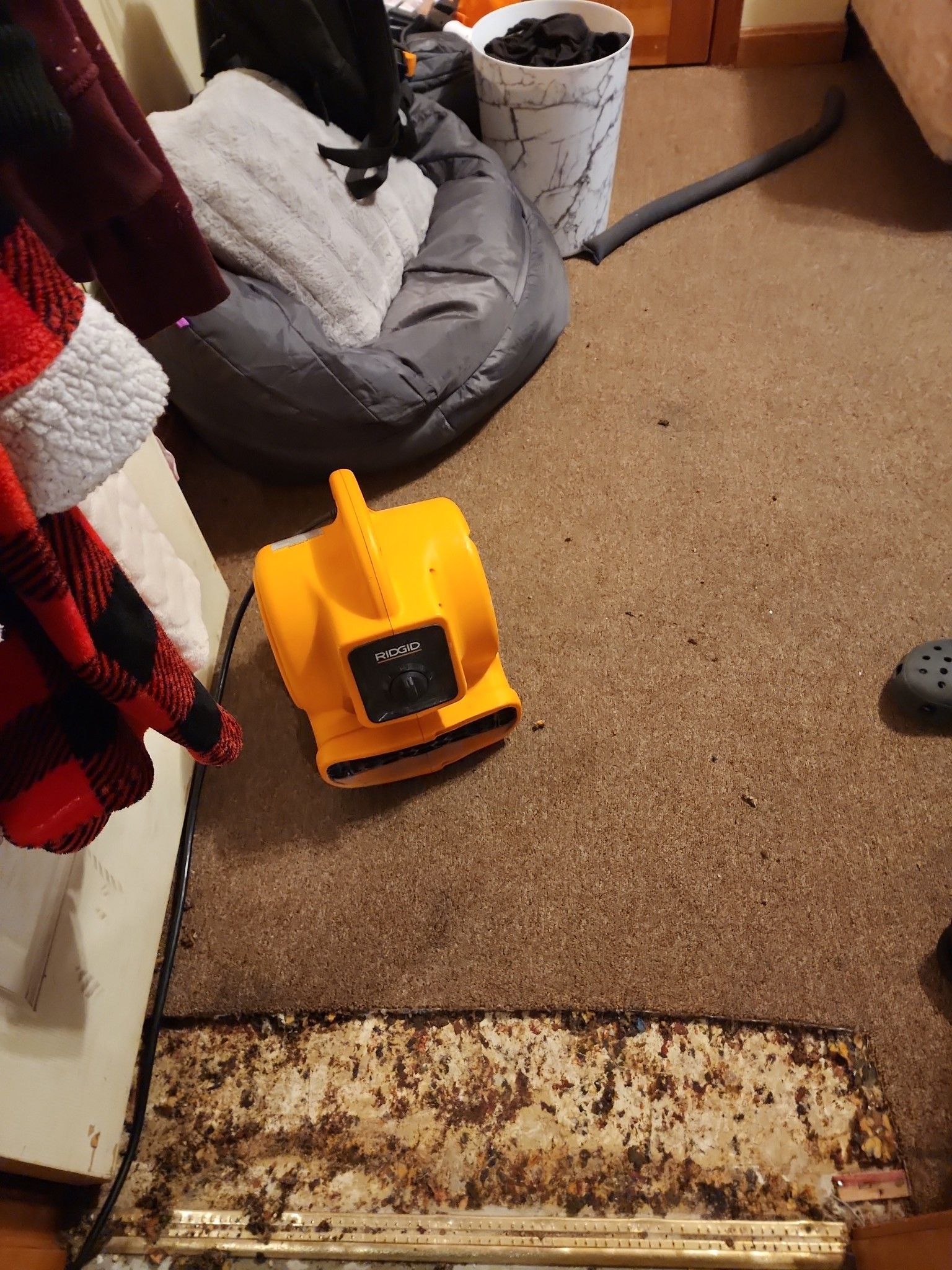 A yellow vacuum cleaner is sitting on a dirty carpet.