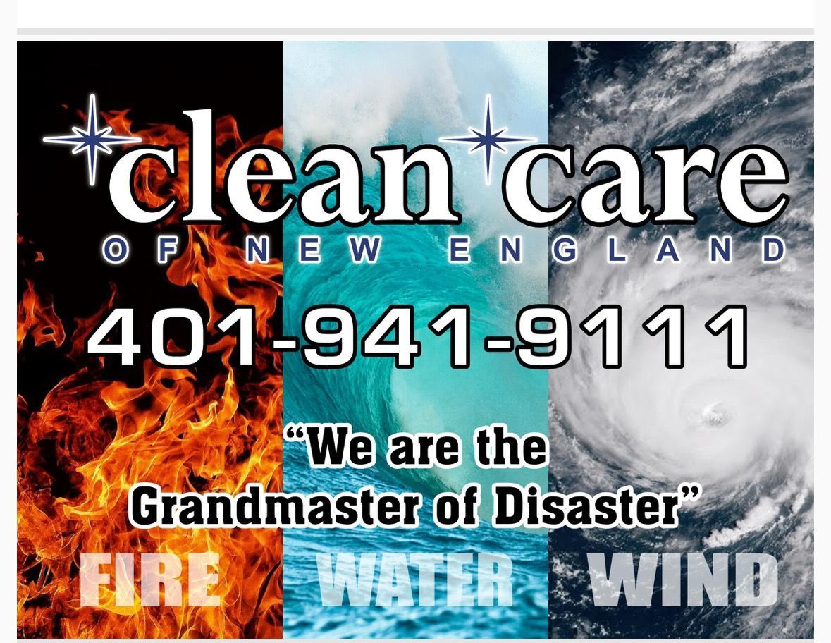 A sign for clean care of new england shows fire water and wind