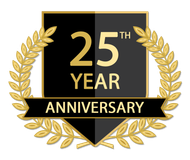 25th Anniversary logo: Black and gold shield with the text