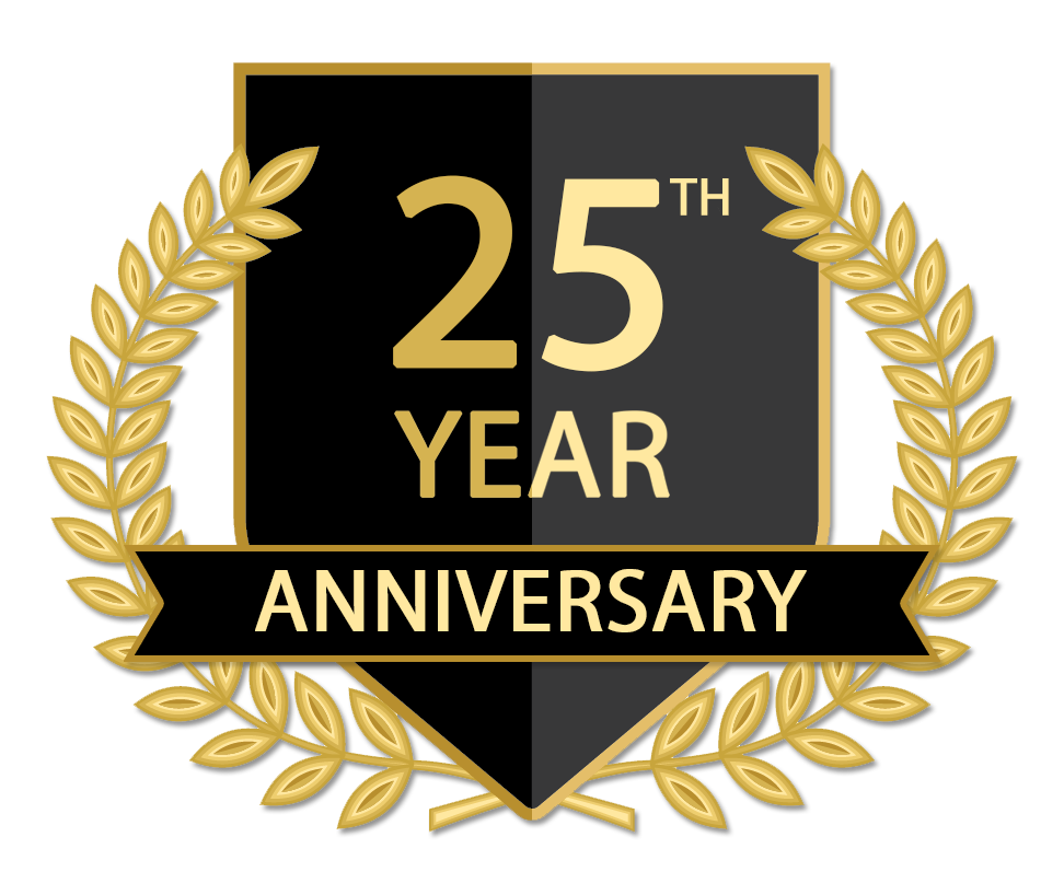 25th Anniversary logo: Black and gold shield with the text
