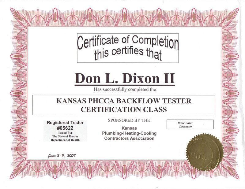 Certificate for Don L. Dixon II, completed Kansas PHCCA Backflow Tester Certification class. Red border with seal.