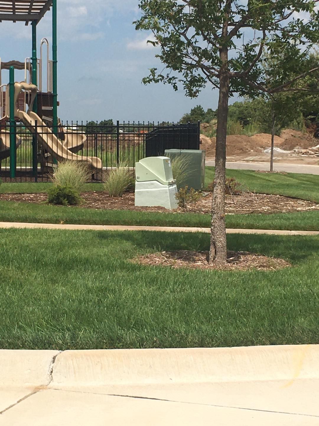 Playground and tree in a park setting, with utility boxes covered in green foam.