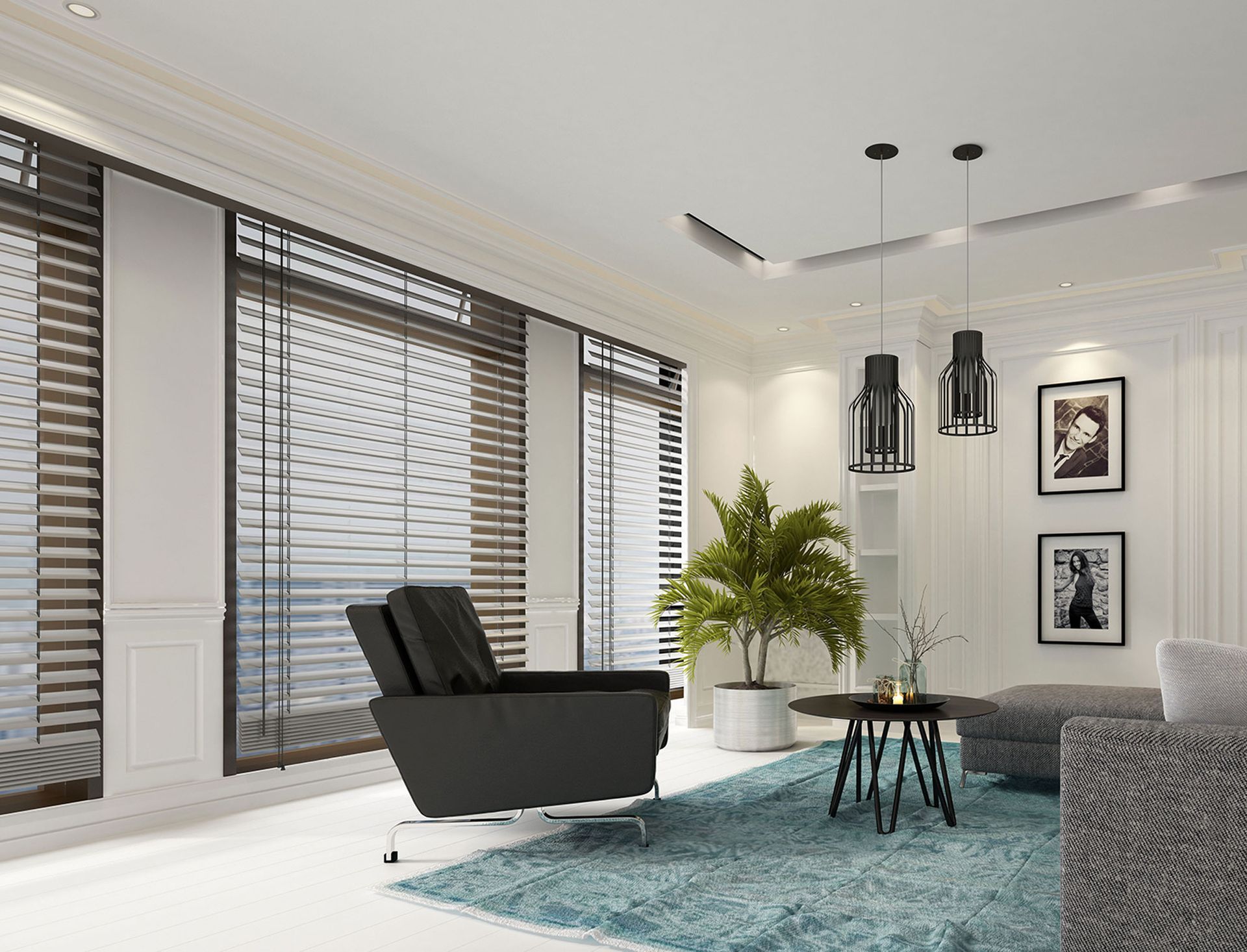 A living room with a black chair and a blue rug.