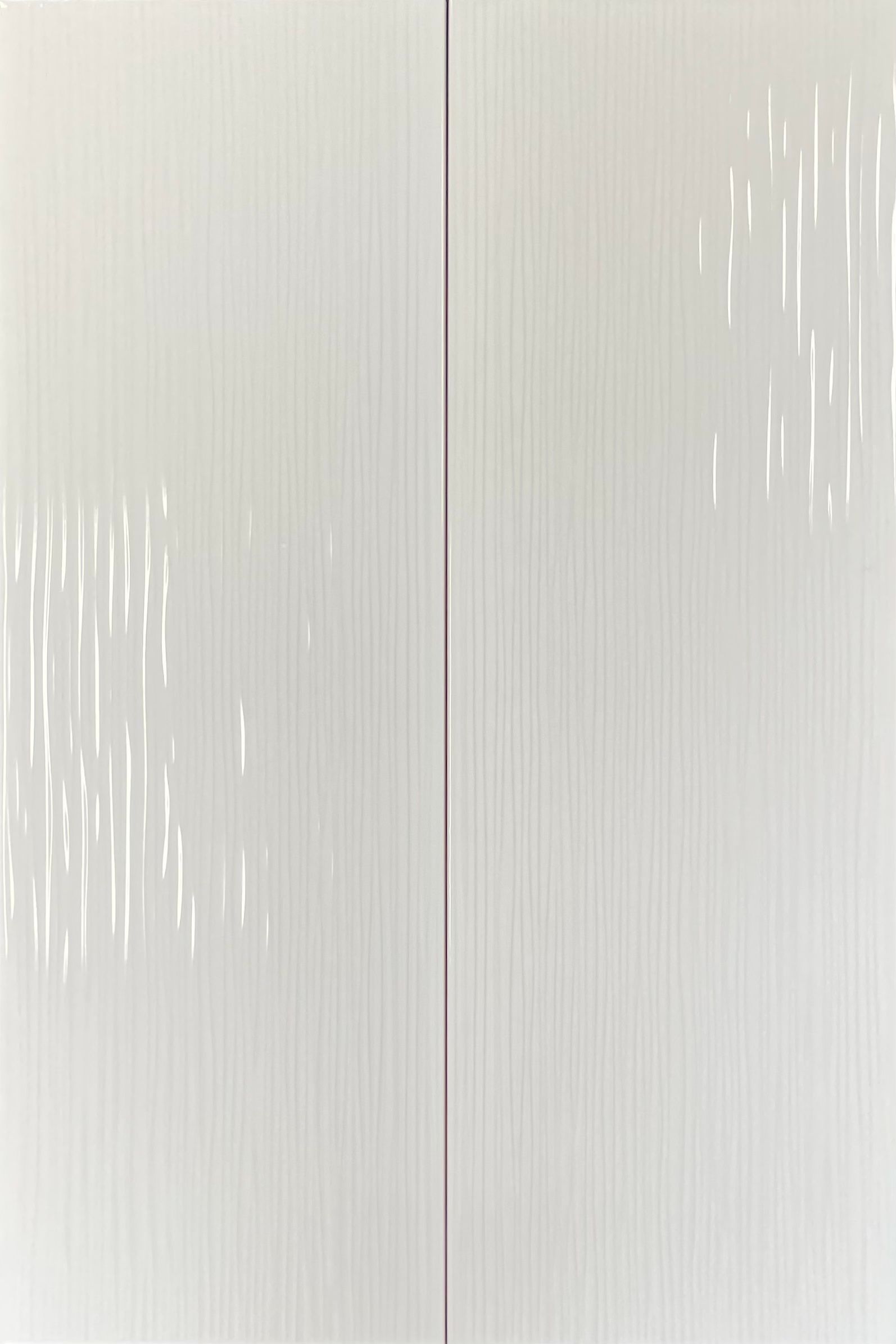 Vertical diptych: white canvas with fine vertical lines. Scattered white, vertical lines appear on both sides.