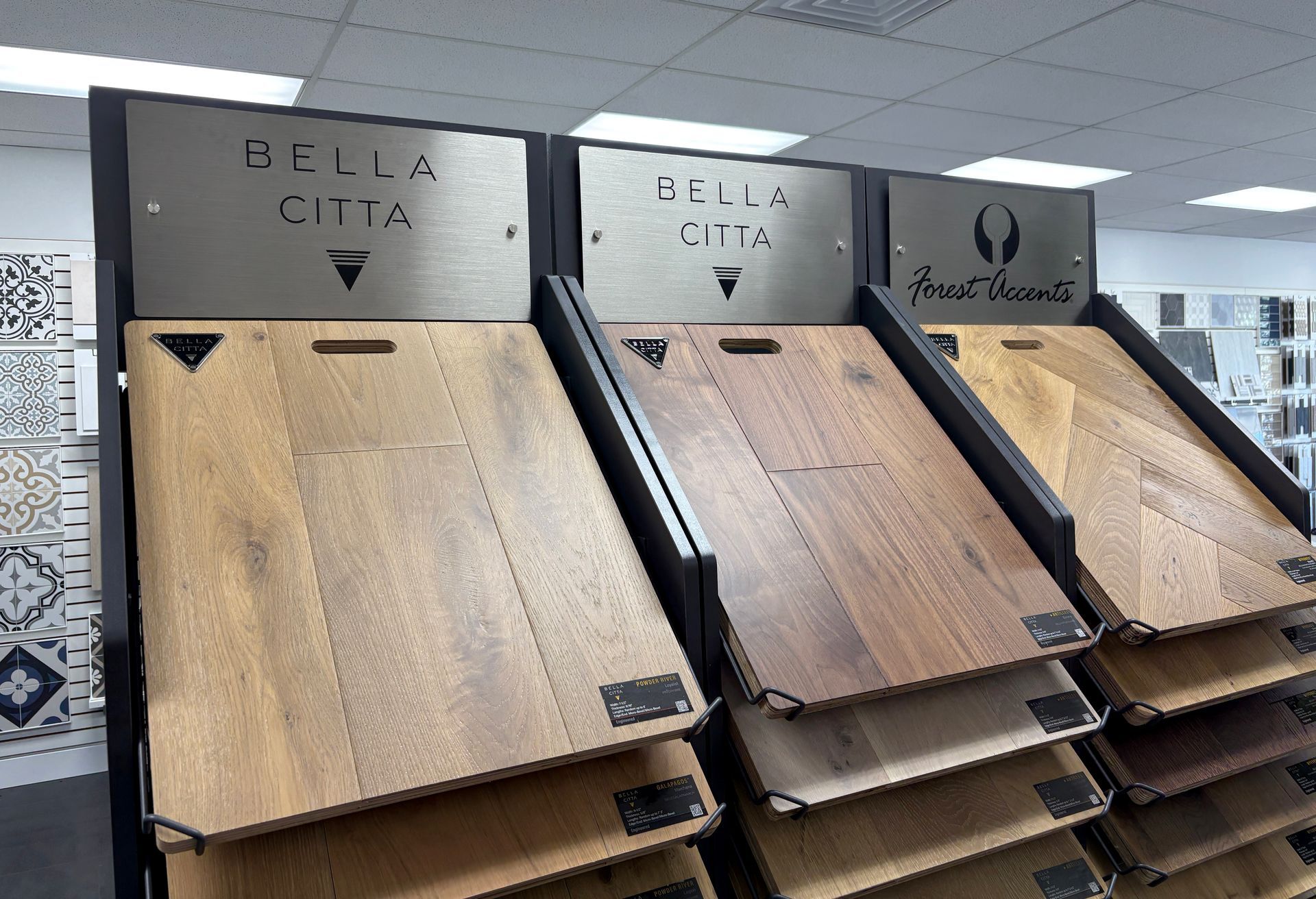 Floor sample display featuring wooden planks in various colors.