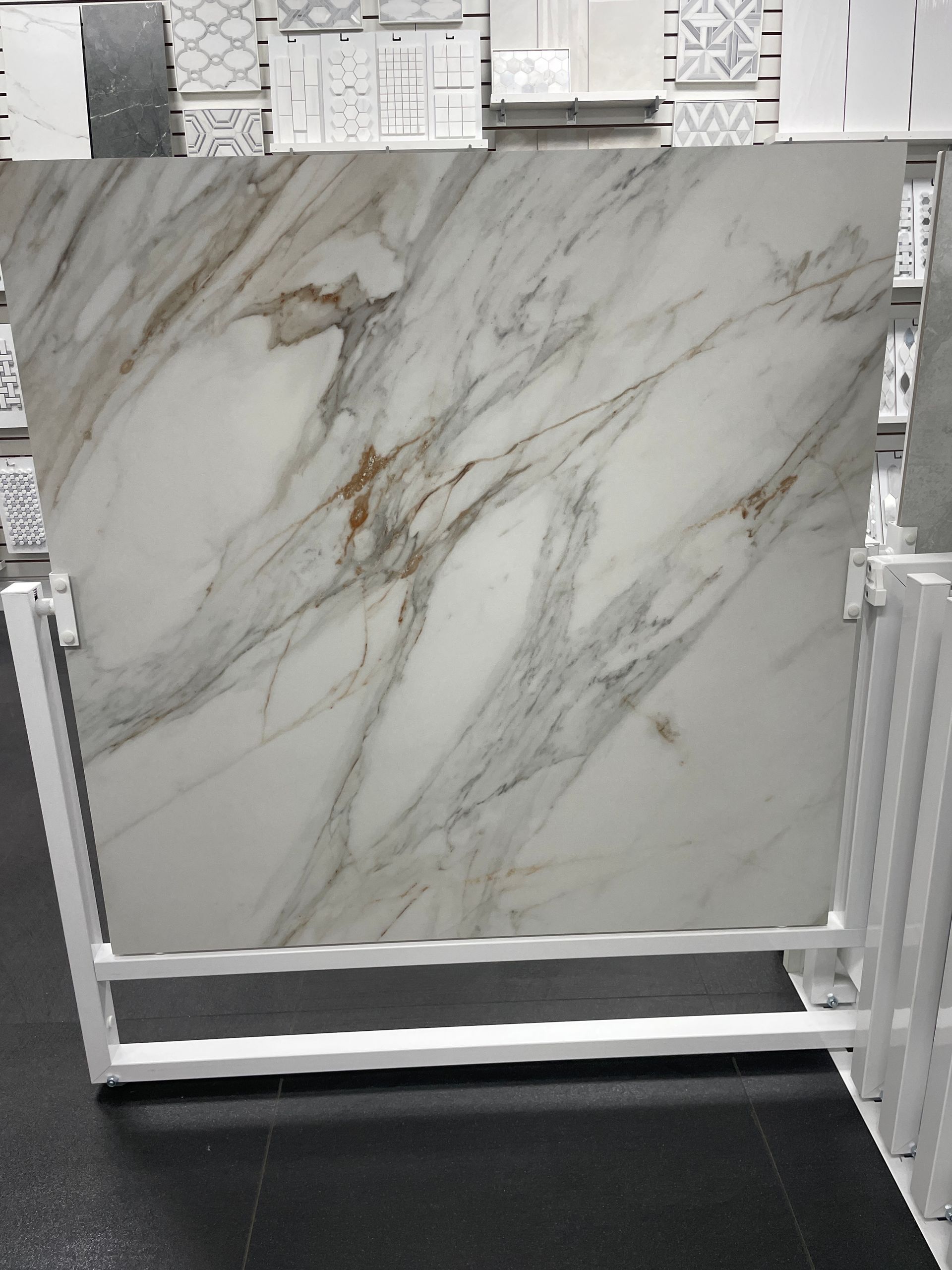 A marble tile is on display in a store