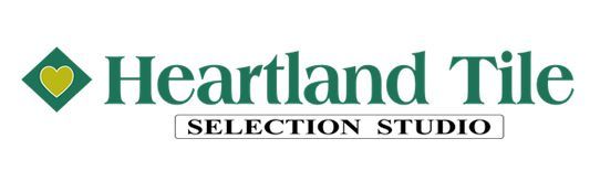 Logo of Heartland Tile Selection Studio: green diamond with a heart inside, green text on white.