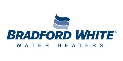 Bradford White Water Heaters logo: Blue text with a stylized wave graphic above the words.