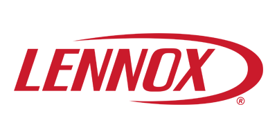 Lennox logo: Red text with a red swoosh on a white background.
