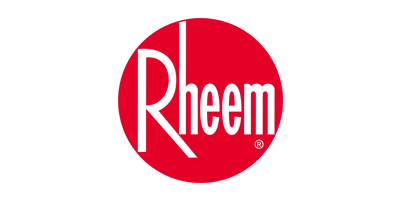 Logo of Rheem, the word in white text inside of a red circle on a white background.