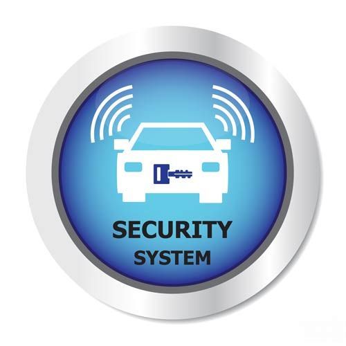 Blue and silver security system badge with a car icon and wireless signals.