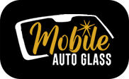 Logo for Mobile Auto Glass: white outline of windshield, gold "Mobile" text, black background.