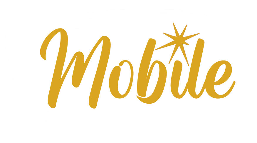 Gold script word "Mobile" with a stylized starburst.