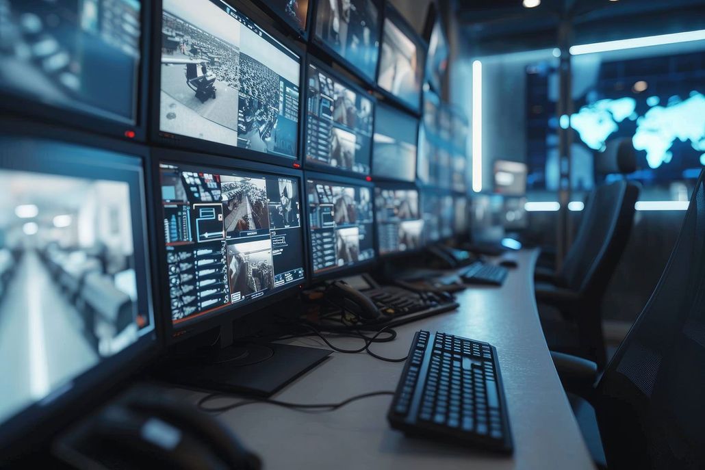 Multiple security monitors and keyboards in a dim blue control room