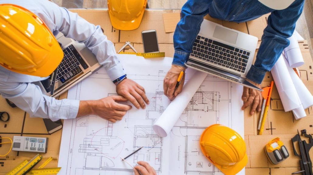 Architects collaborating over blueprints on a desk, with laptops, tools, and yellow hard hats.