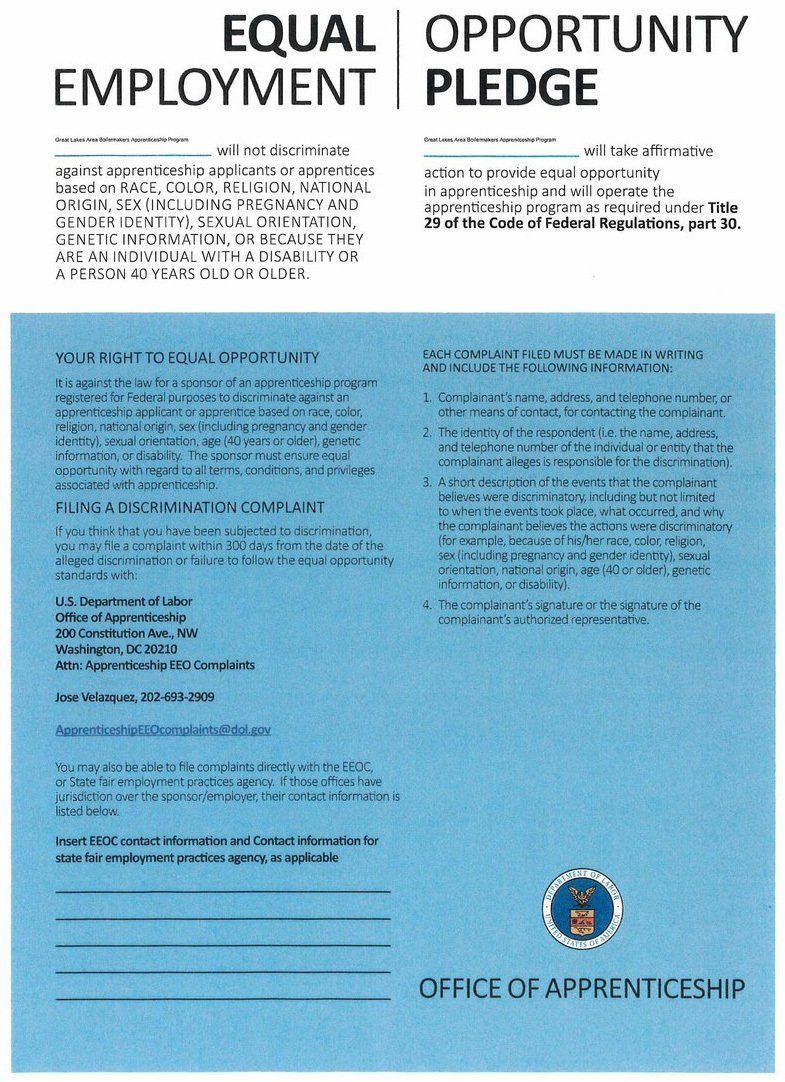 Equal Opportunity Employment pledge document with blue background.