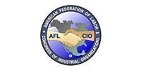 AFL-CIO logo: two hands shaking over a map of North America, surrounded by text, in a blue circle.