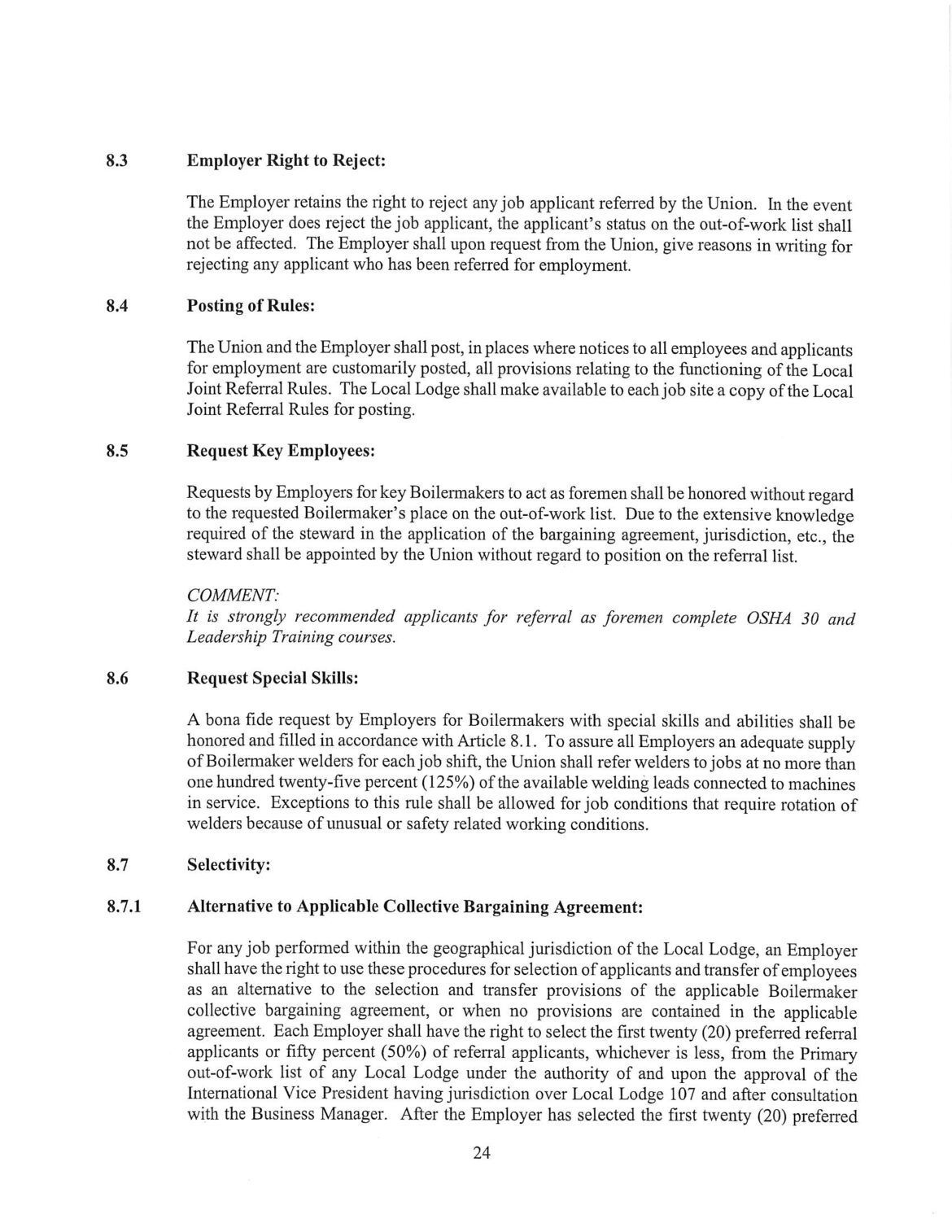 Text from a document with numbered sections on employment topics.