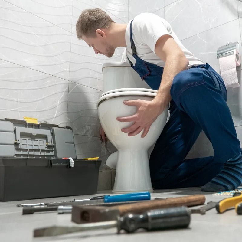 Plumber in blue overalls kneeling beside a toilet, looking for a leak. Tools are scattered nearby.