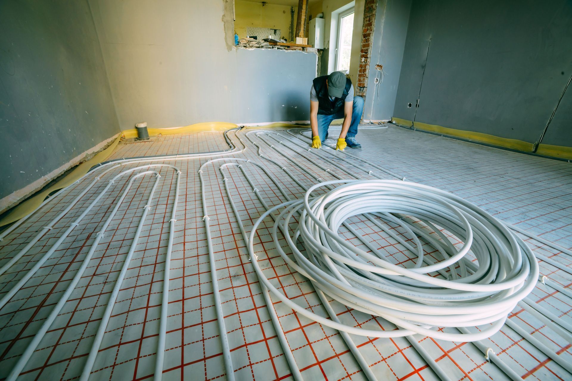 A worker installs white tubing for a radiant floor heating system on a grid-patterned underlayment in an unfinished room.